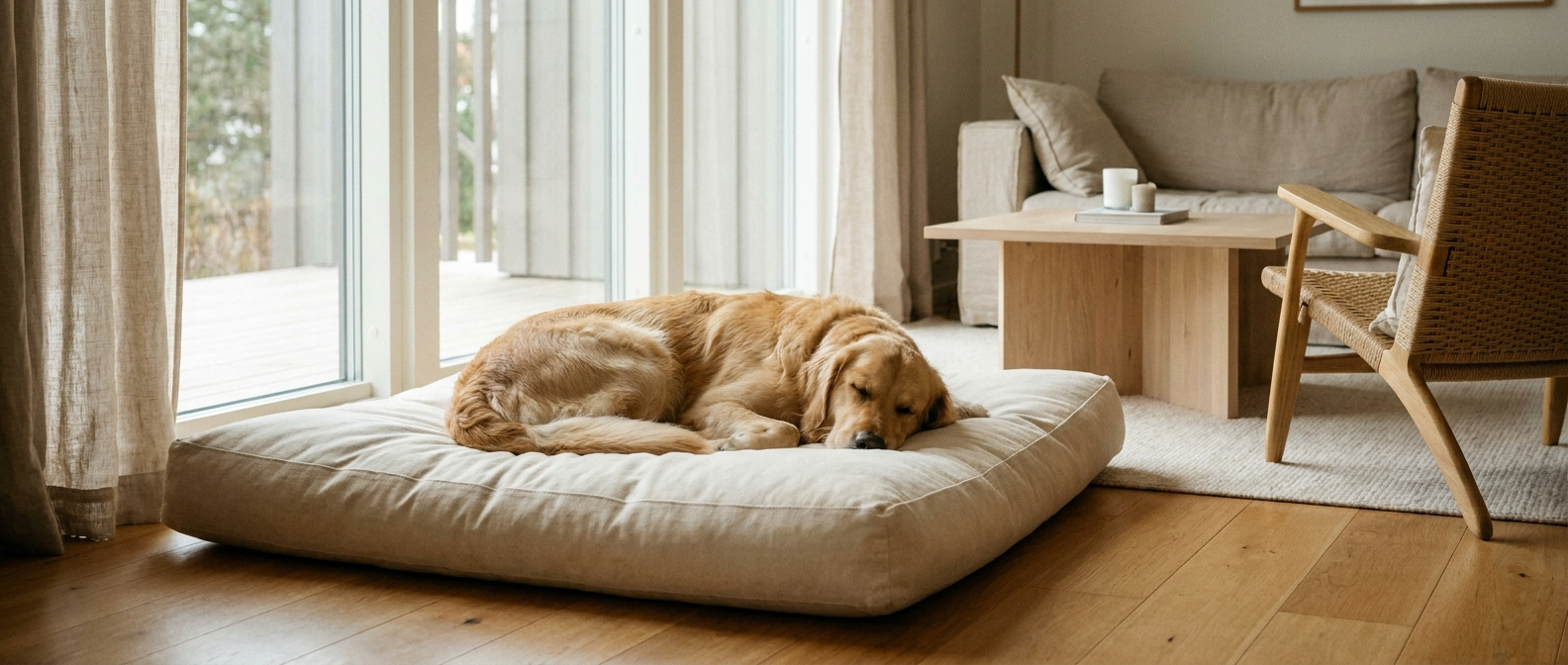 Golden retriever sleeping peacefully on a plush dog bed in a Scandinavian living room - Petifo