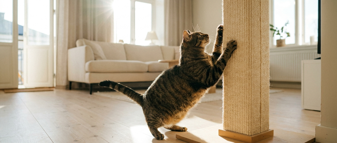 Tabby cat stretching and scratching on a modern scratching post in a bright minimalist living room - Petifo