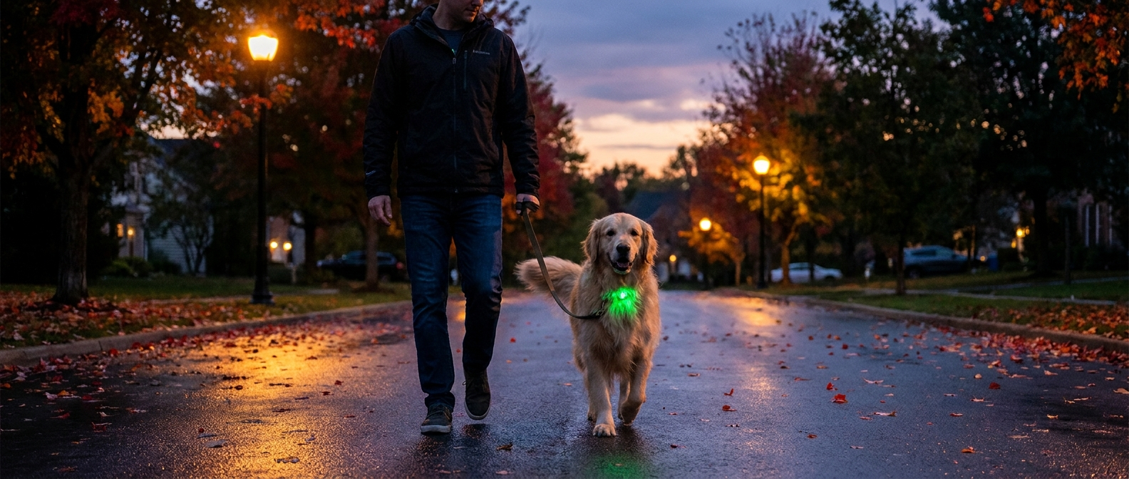 Dog wearing LED safety light on collar during twilight walk along a quiet street - Petifo