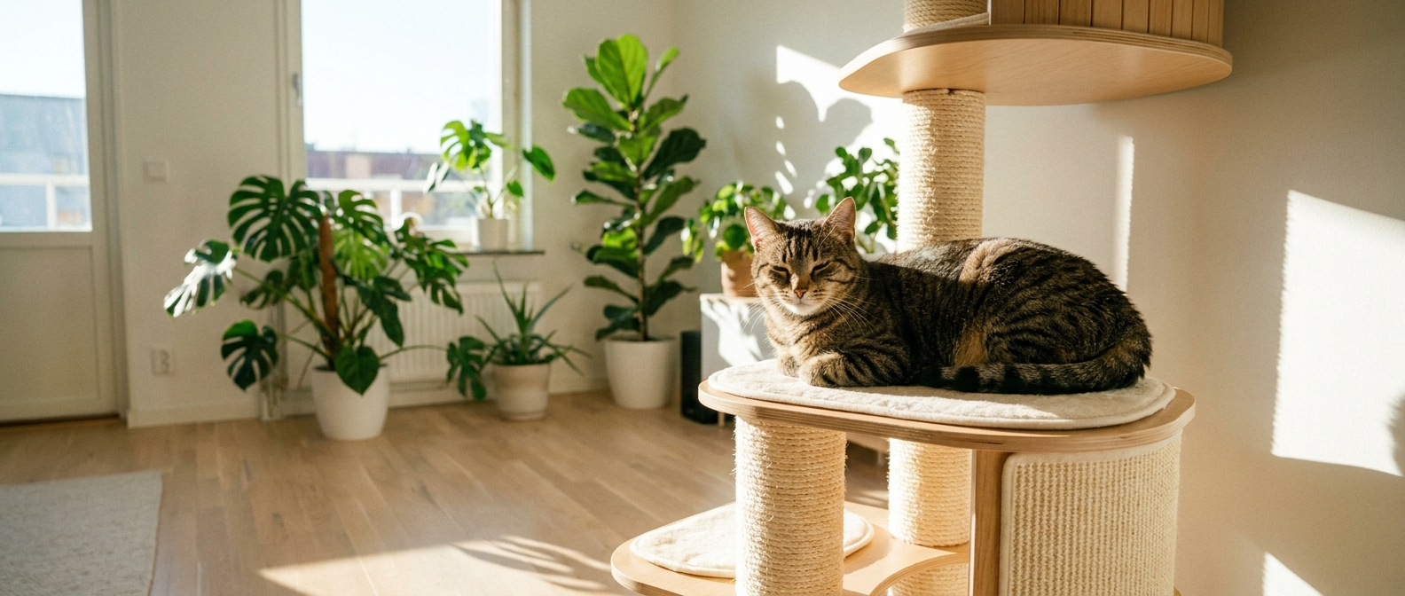 Happy tabby cat sitting on a tall cat tree next to a window in a bright modern living room - Petifo