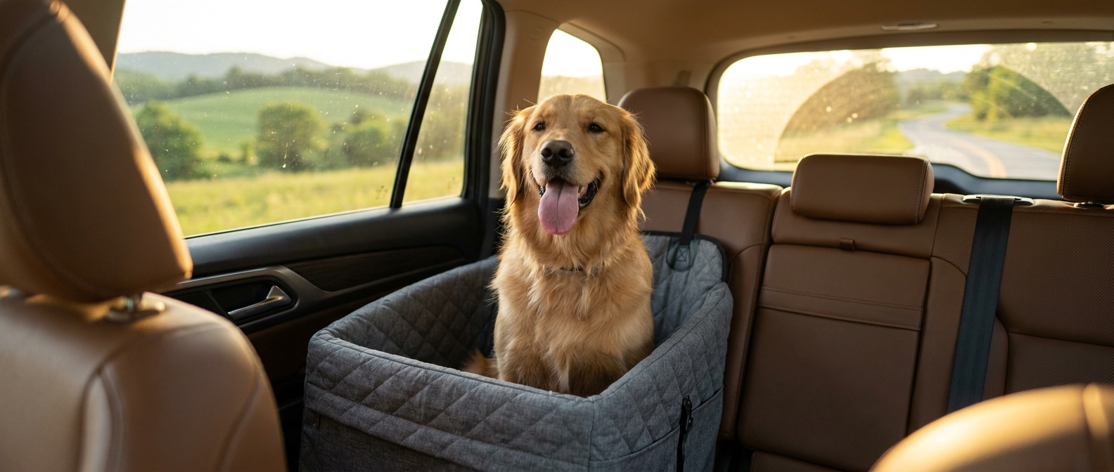 Happy golden retriever sitting safely in a padded car seat on the back seat of an SUV - Petifo