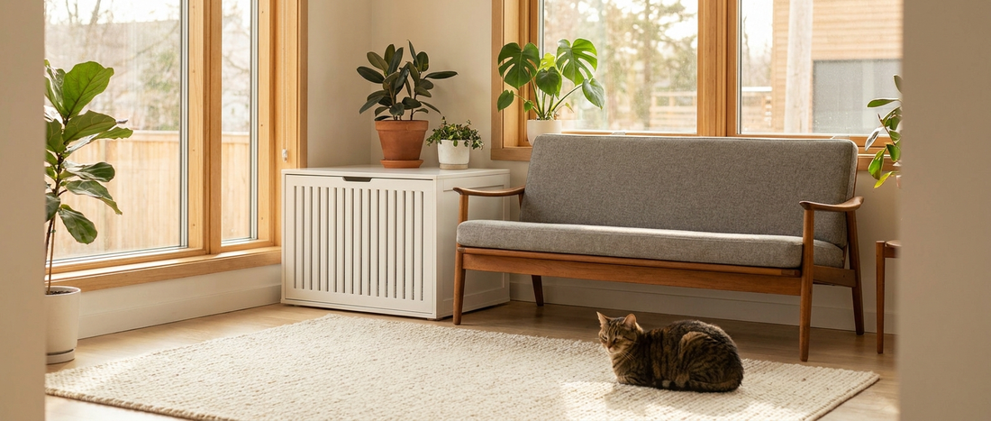 Modern litter box cabinet in a stylish Scandinavian living room with a relaxed tabby cat nearby - Petifo