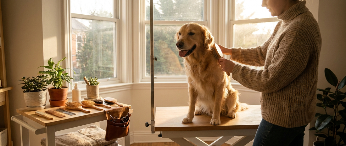 Golden retriever being brushed on a grooming table at home by its owner - Petifo