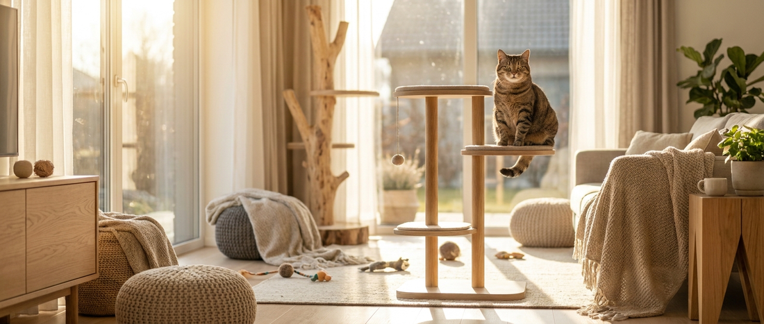 Happy tabby cat sitting on a modern cat tree in a bright living room with enrichment toys - Petifo