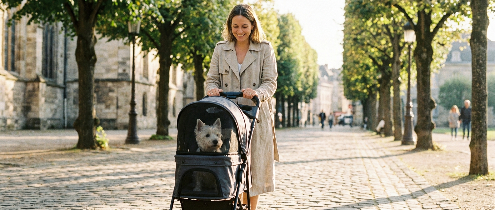 Owner pushing a pet stroller through a sunlit European park with a small dog peeking out happily - Petifo