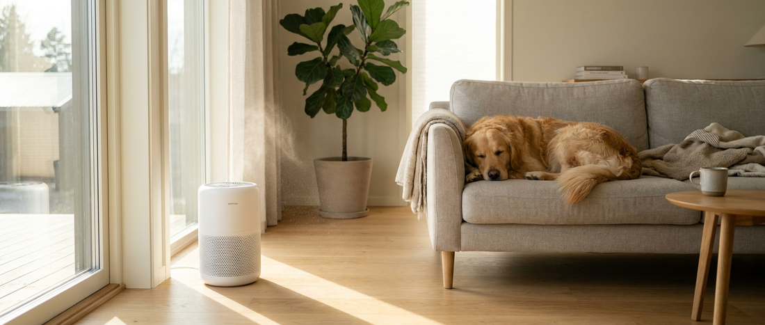 Golden retriever relaxing on a sofa in a bright living room with a pet air purifier running nearby - Petifo