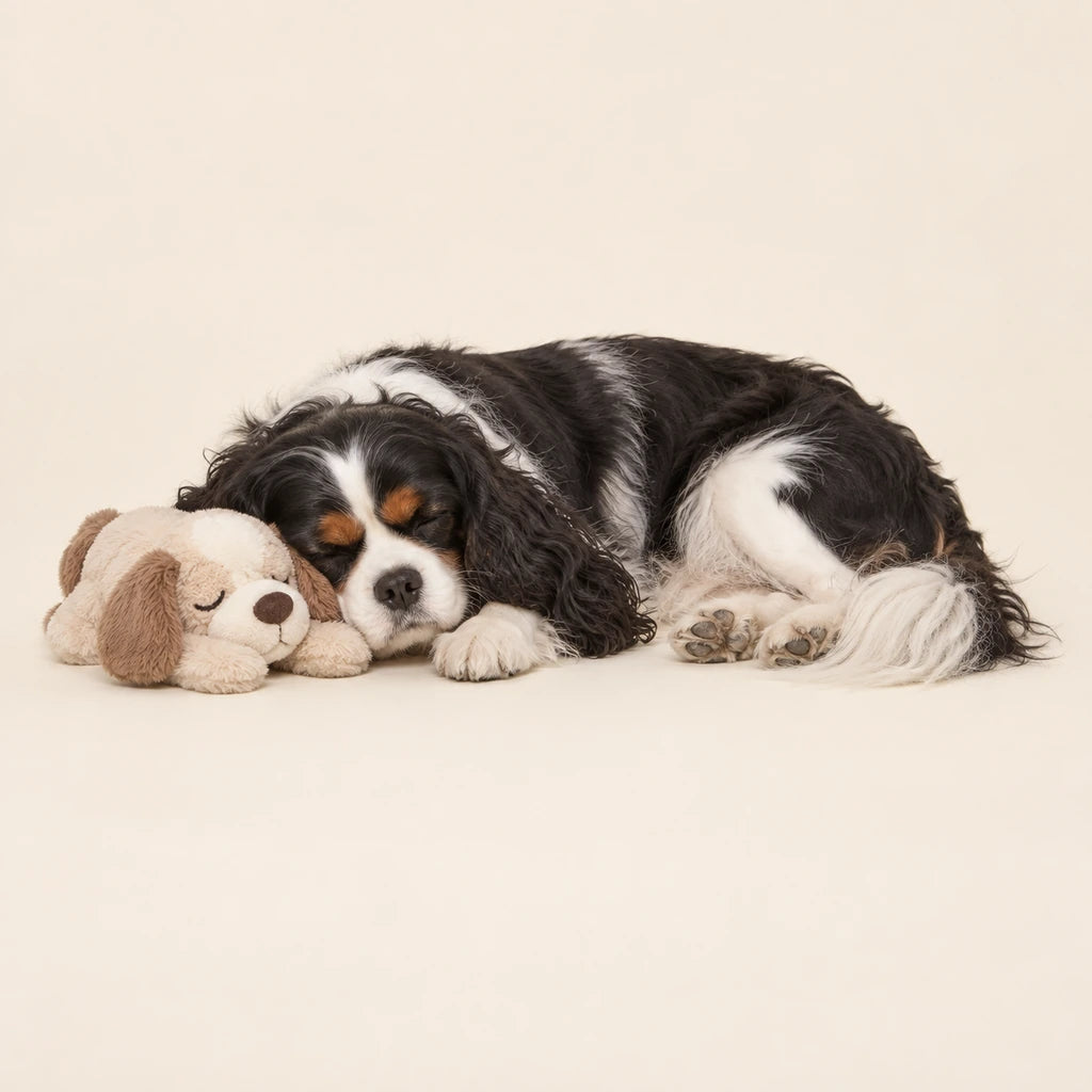 Resting Cavalier beside a comforting plush companion on a clean cream background - Petifo