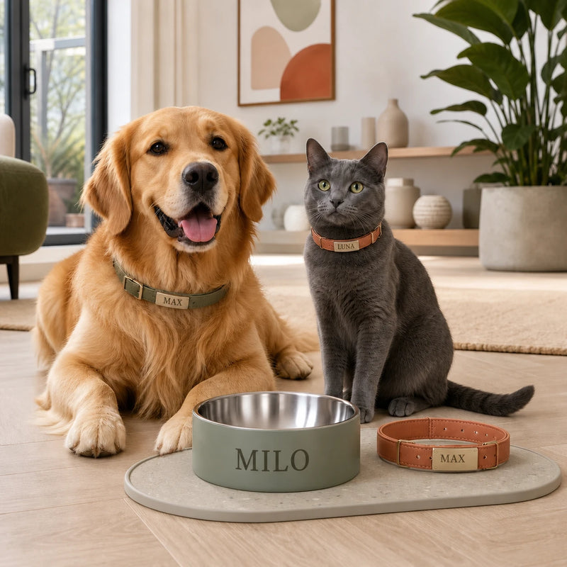 Personalised pet accessories for dogs and cats with visible names on collars and bowl – Petifo