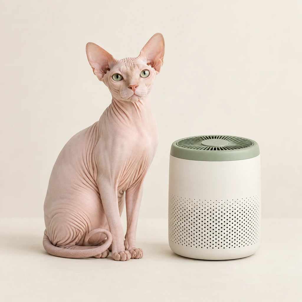 Sphynx cat beside a cream air purifier with a sage top
