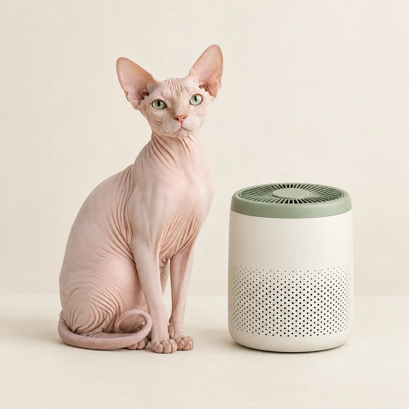 Sphynx cat beside a cream air purifier with a sage top