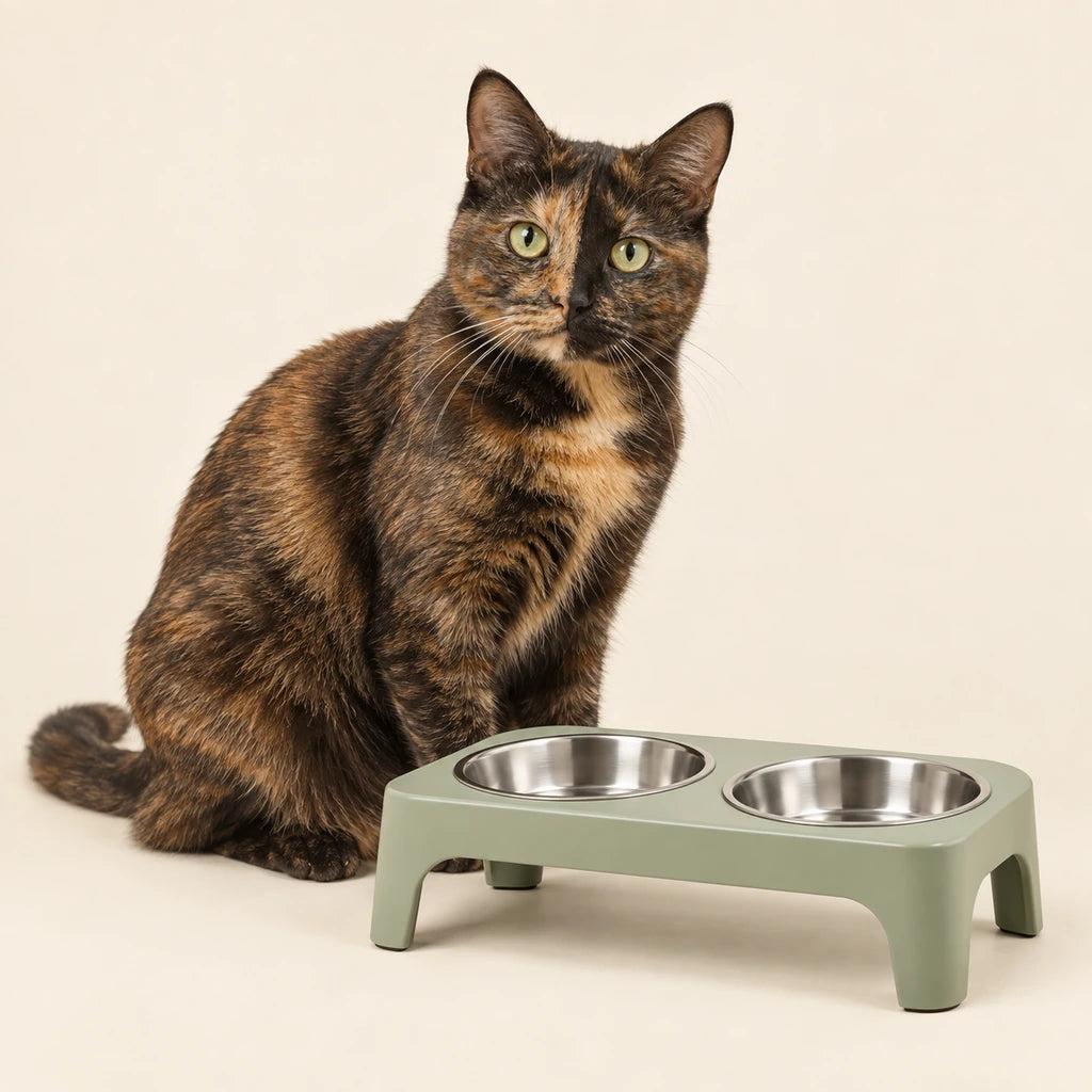 Tortoiseshell cat beside a raised feeding station on a clean cream background - Petifo