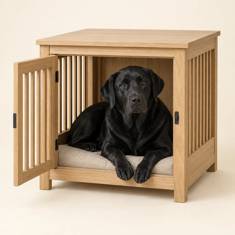Black Labrador resting in a wooden dog crate on a clean cream background - Petifo