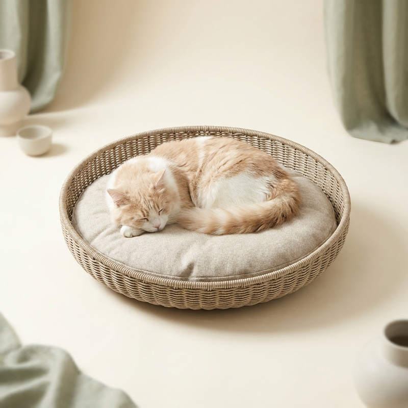 Fluffy cat resting in a modern round cushioned cat bed – Petifo Cat Beds & Lounges