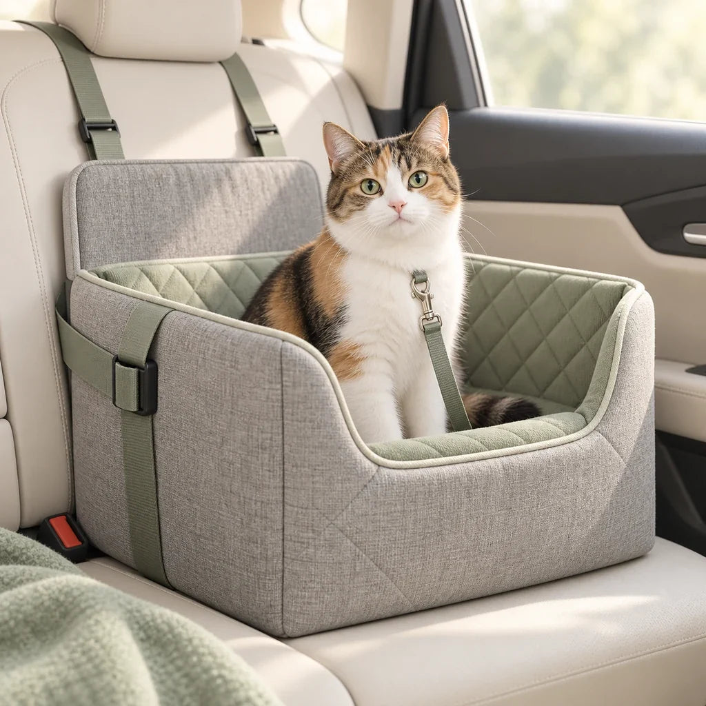 Calico cat secured in a quilted pet car seat