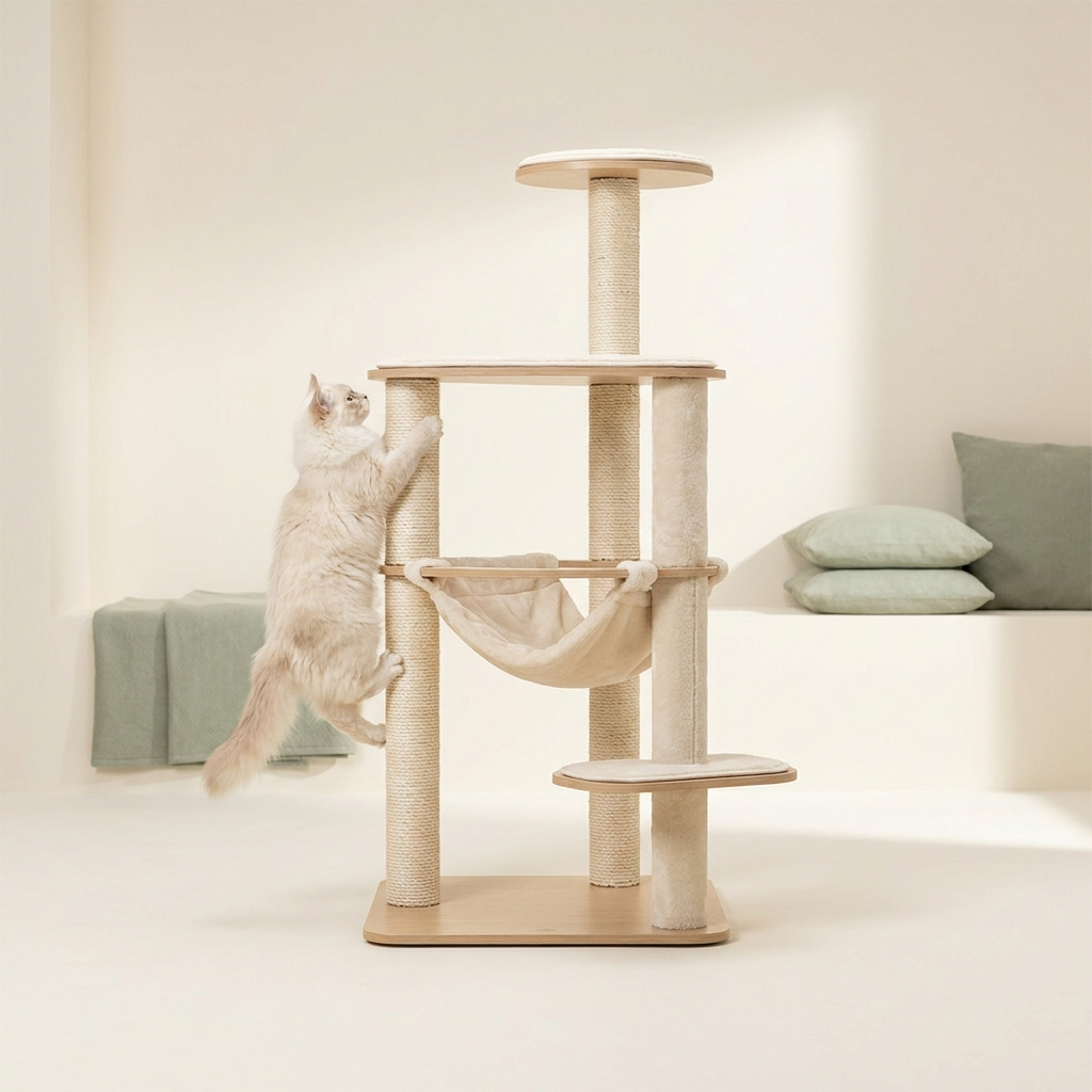 Cat climbing a modern cat tree with scratching posts – Petifo Cat Trees & Scratching Posts