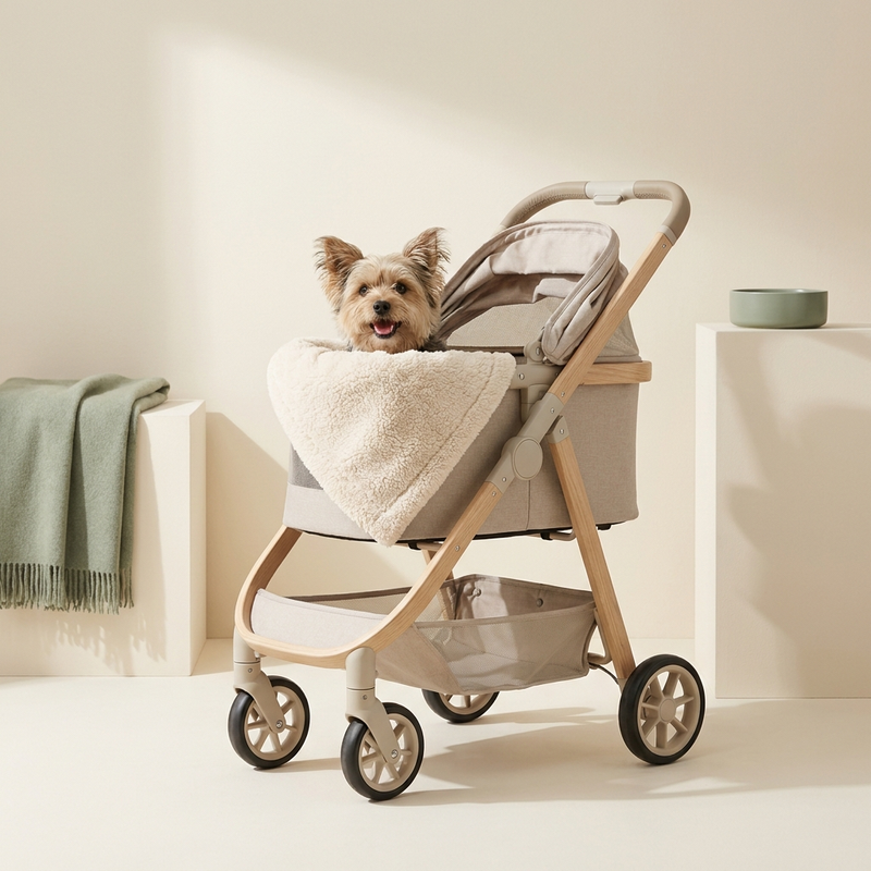 Small dog peeking out of a modern pet stroller – Petifo Pet Strollers