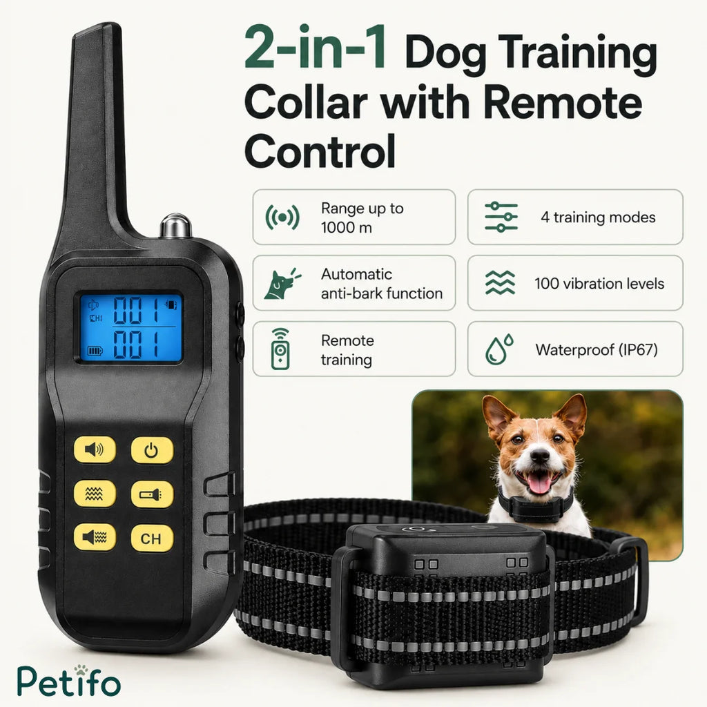 2-in-1 electronic dog training collar packaging display highlighting a 1000m range and anti-bark mode.