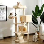 A 143 cm tall beige cat tower featuring a ramp, two enclosed condos, and a side lounging basket.
