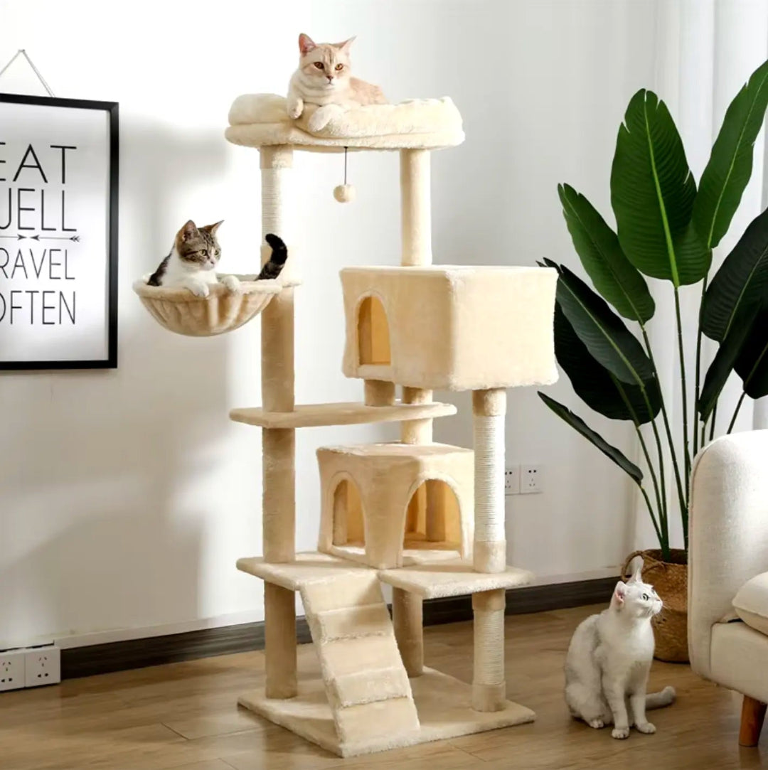 A 143 cm tall beige cat tower featuring a ramp, two enclosed condos, and a side lounging basket.