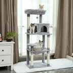 A 154 cm tall grey cat tree equipped with a top perch, a central hideaway, and a lower hammock.