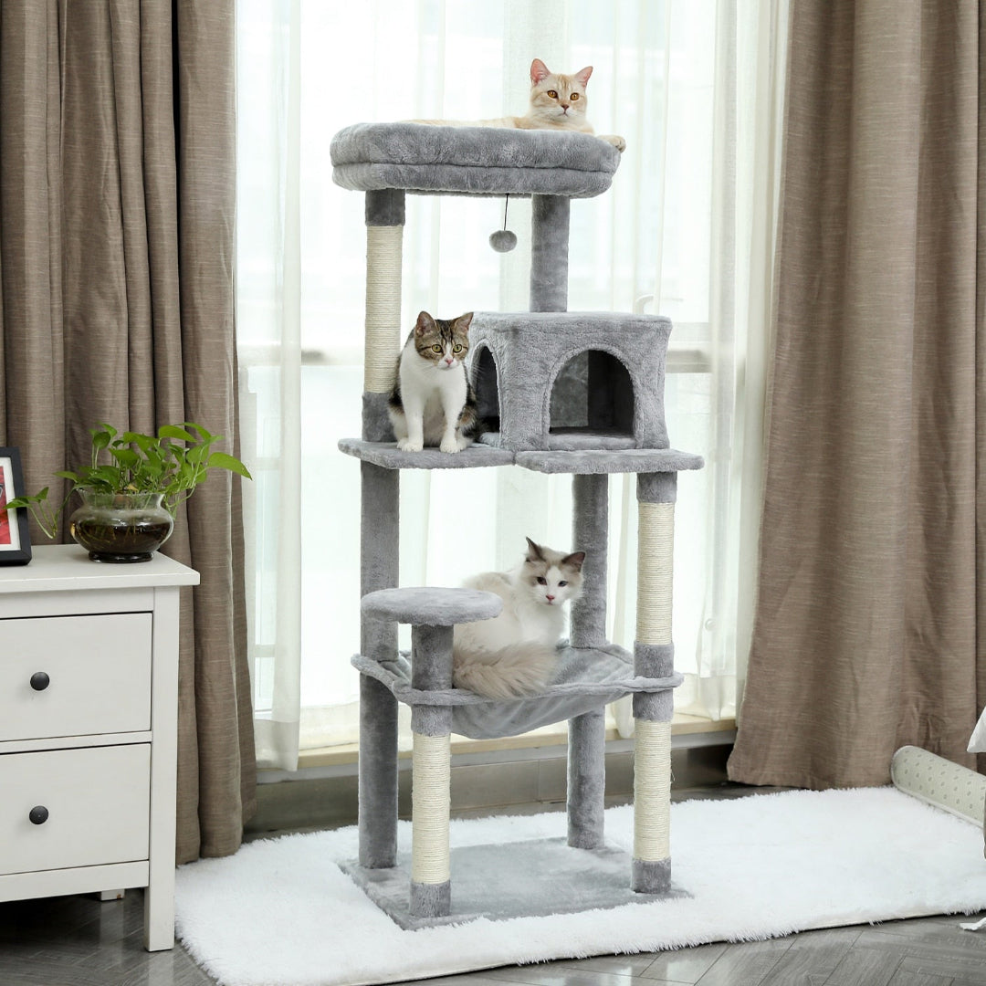 A 154 cm tall grey cat tree equipped with a top perch, a central hideaway, and a lower hammock.