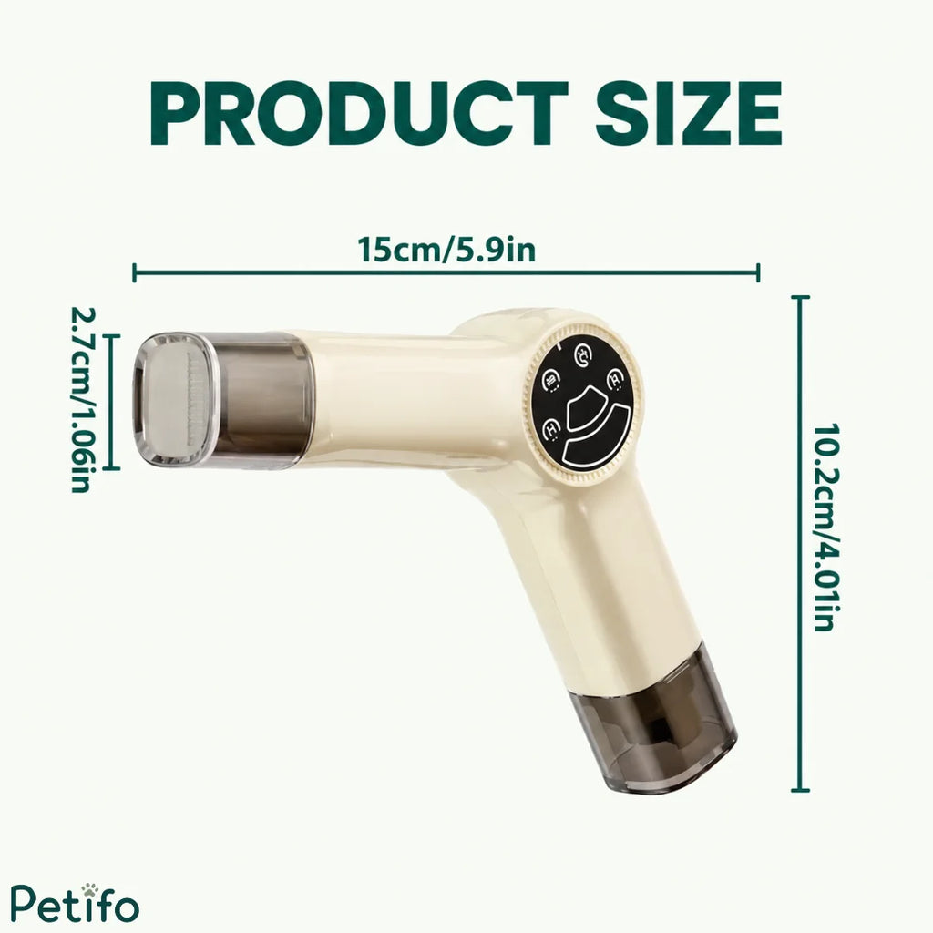 Product dimension guide showing a 15 cm length and ergonomic handheld design for the cordless pet grooming device.