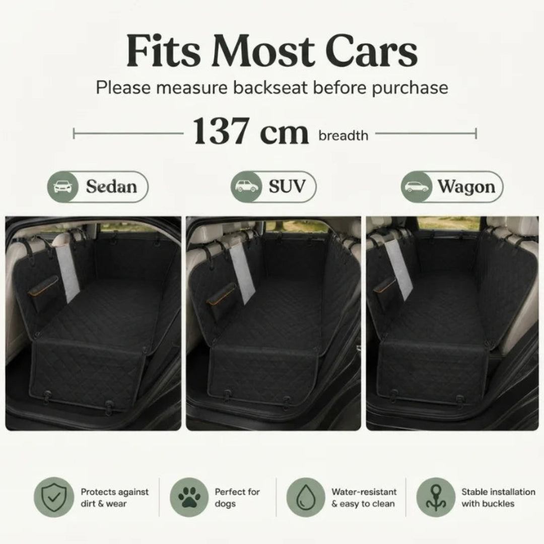 Dog car seat cover with a 137 cm breadth, highlighting its compatibility with sedans