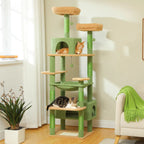 A 184 cm tall cat activity center in green, featuring plush platforms, scratching posts, and cozy hideaway condos.