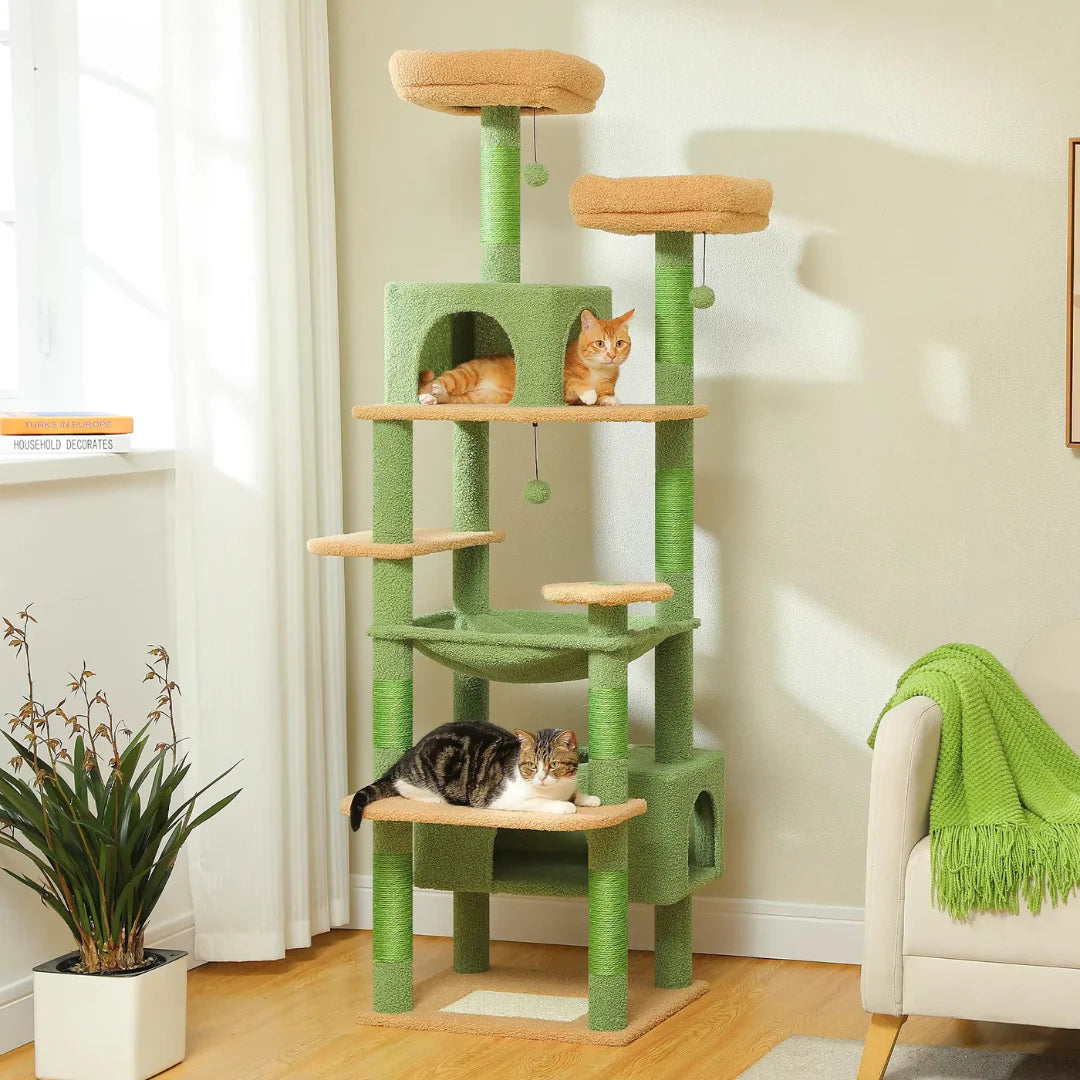 A 184 cm tall cat activity center in green, featuring plush platforms, scratching posts, and cozy hideaway condos.