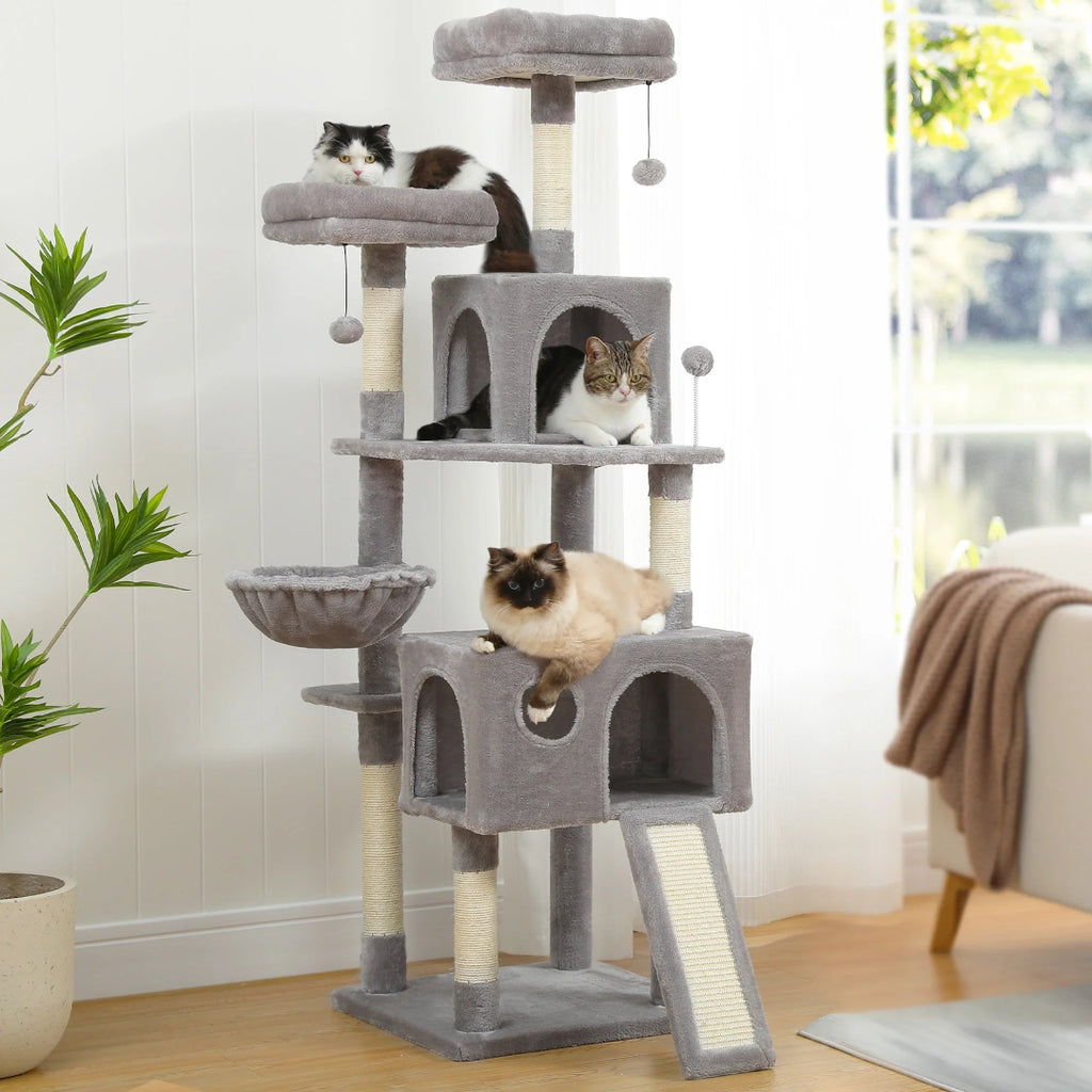 A 184 cm tall grey cat activity center featuring multiple platforms, sisal-wrapped scratching posts, and enclosed condos for indoor cats.