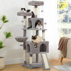A 184 cm tall grey cat activity center featuring multiple platforms, sisal-wrapped scratching posts, and enclosed condos for indoor cats.