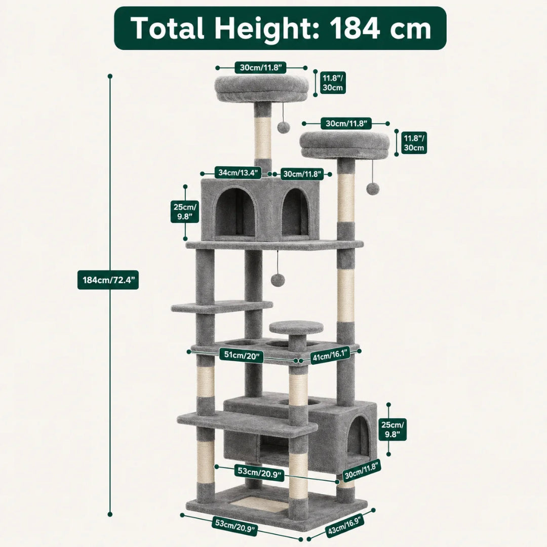 Detailed dimension schematic of a 184 cm tall grey multi-level cat tree with multiple perches and hideaway condos.