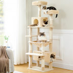 A 184 cm tall beige cat tower featuring multiple platforms, sisal-wrapped scratching posts, and enclosed condos for indoor cats.