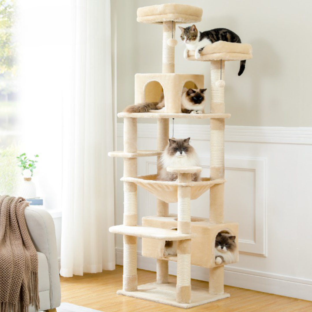 A 184 cm tall beige cat tower featuring multiple platforms, sisal-wrapped scratching posts, and enclosed condos for indoor cats.