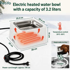 Dimensional diagram of a 3.2-liter electric heated pet water bowl showing size specifications, temperature control, and ice-free performance.