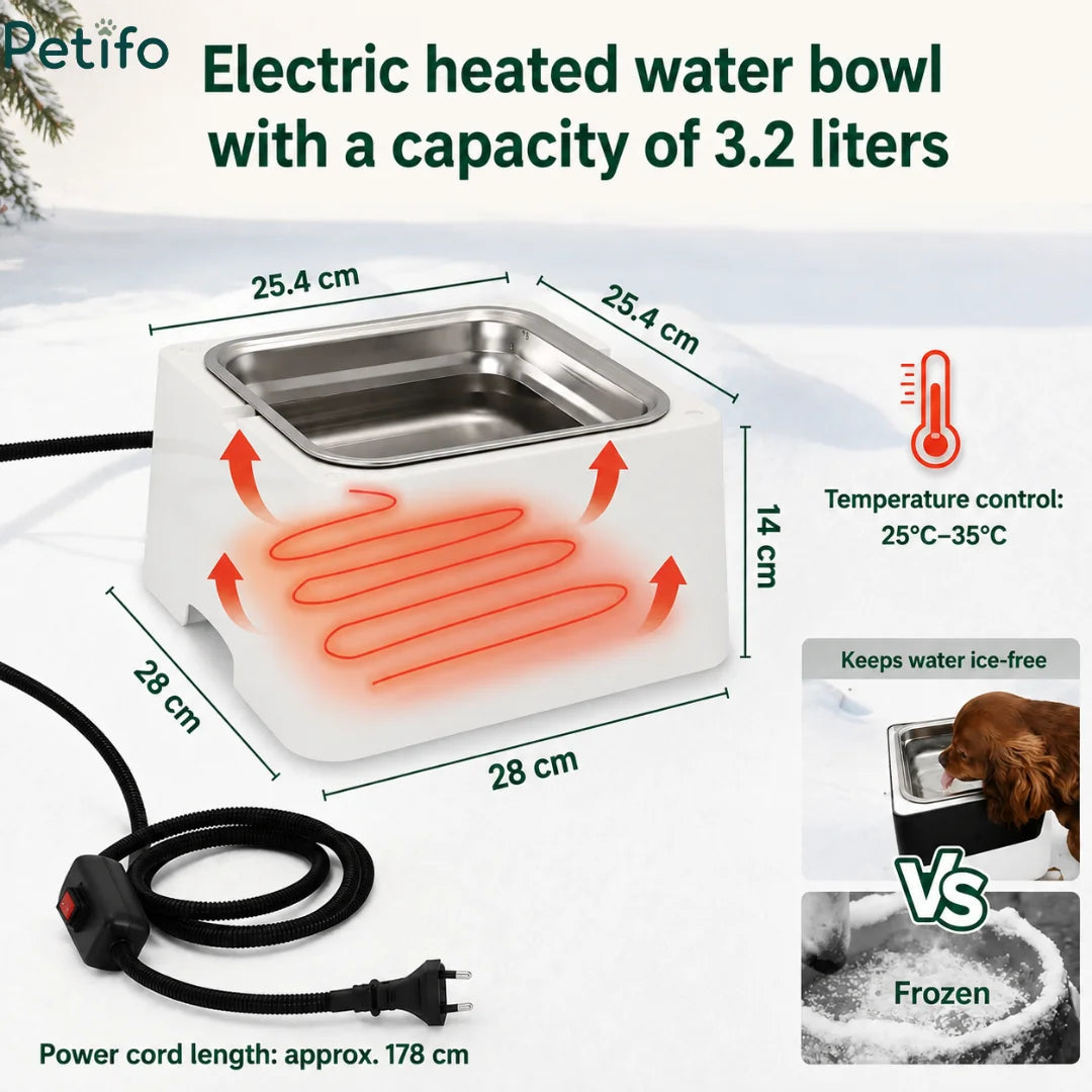 Dimensional diagram of a 3.2-liter electric heated pet water bowl showing size specifications, temperature control, and ice-free performance.