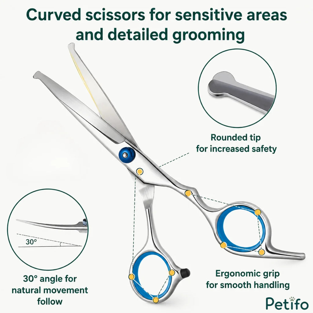Highlighted features of curved pet grooming scissors featuring a 30-degree angle, rounded safety tip, and ergonomic grip.