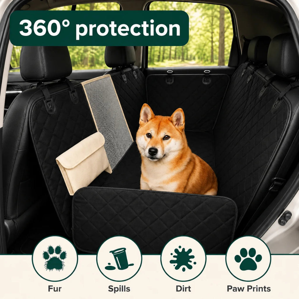 A dog sitting on a black, quilted car seat cover, highlighting its 360-degree protection against fur and spills.