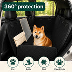 A dog sitting on a black, quilted car seat cover, highlighting its 360-degree protection against fur and spills.