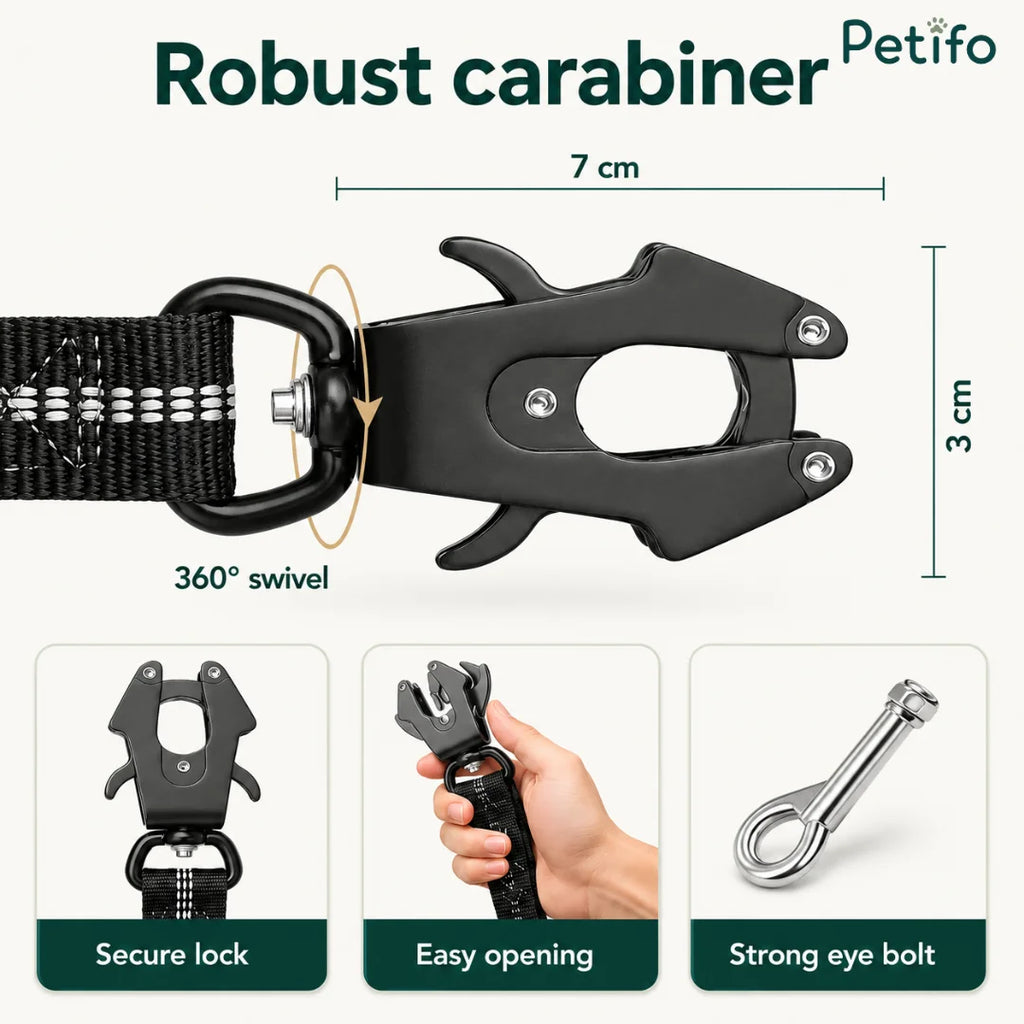 Detailed diagram highlighting the robust 360-degree swivel carabiner and secure locking mechanism of the dog leash.