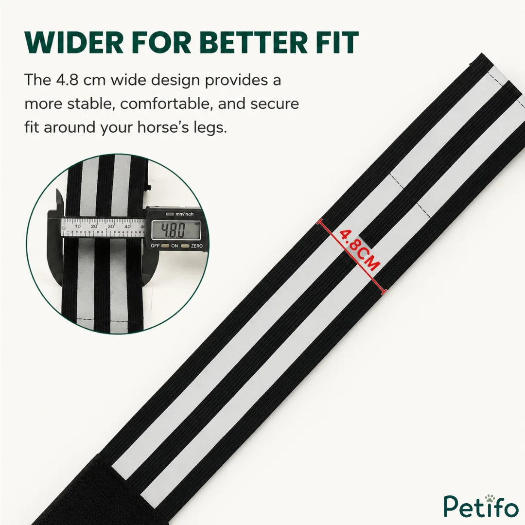 Close-up measurement of the 4.8 cm width on a reflective equestrian leg band using digital calipers.