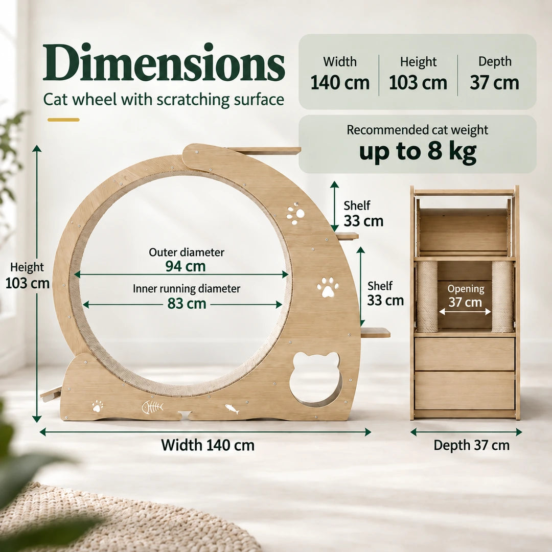 5-in-1 cat wheel and tree size guide with exact dimensions