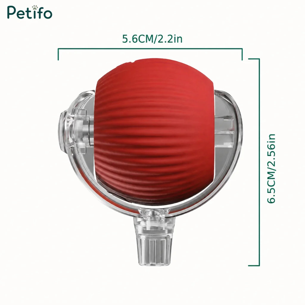 Product dimension specifications diagram for the red rolling cat toy showing 5.6 cm width and 6.5 cm height.