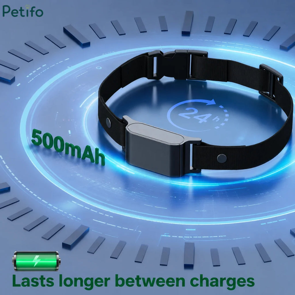 Graphic display of a 500mAh battery-powered smart pet tracker collar for extended standby use