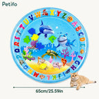 Alphabet and ocean animal themed cat water splash mat with a 65cm size indicator.