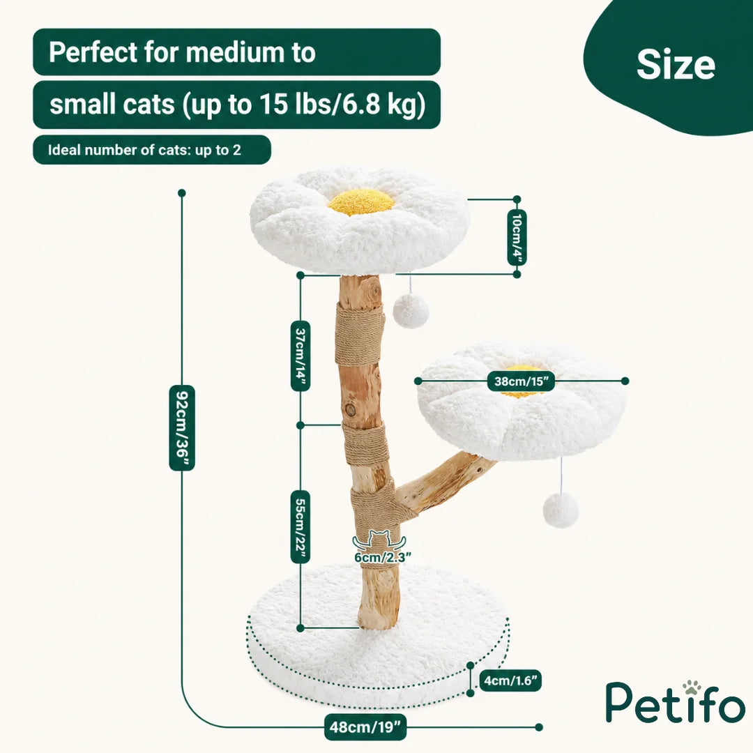 Dimension diagram showing the 92cm height and suitability of this flower cat tree for small to medium cats.
