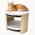 A two-tier modern wooden cat bed featuring plush white cushions for comfortable lounging.