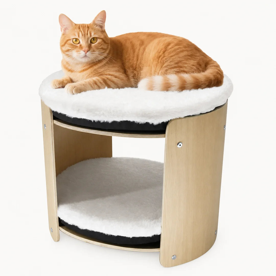 A two-tier modern wooden cat bed featuring plush white cushions for comfortable lounging.