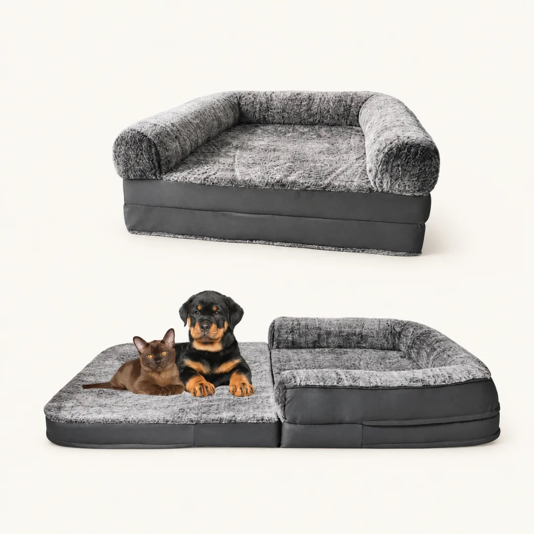 A Rottweiler puppy and a cat resting comfortably together on the extended, flat version of the plush Petifo pet bed.