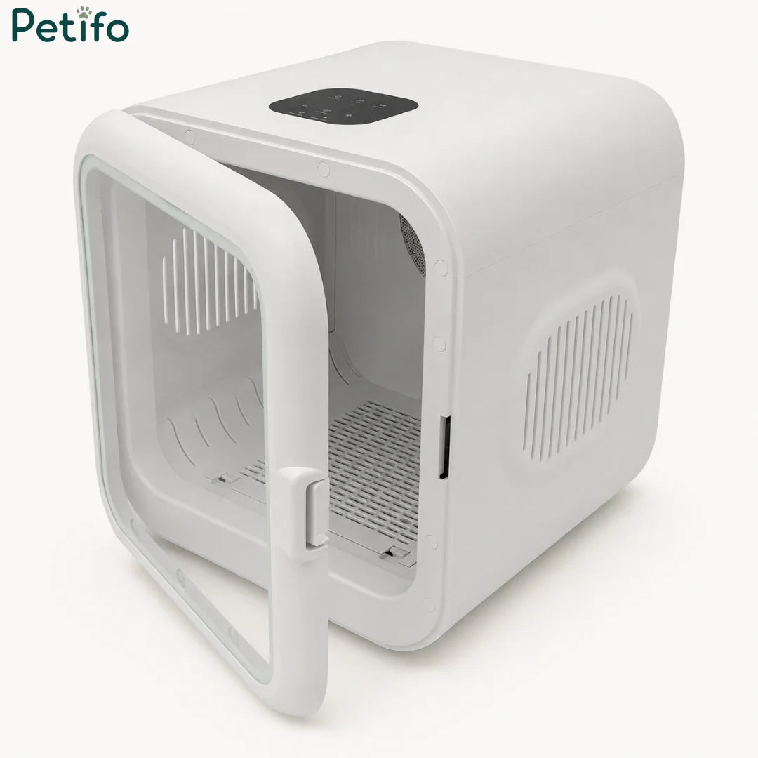 A automatic pet dryer demonstrating 360-degree airflow drying.